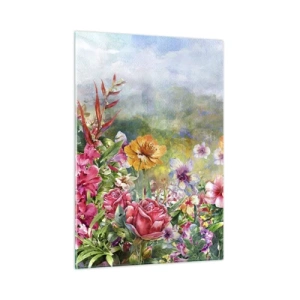 Quadro su vetro - Un mazzo di fiori colorati sullo sfondo di un paesaggio pittoresco - 50x70cm - Il giardino impazzito - Decorazione murale moderna per soggiorno e camera da letto ARTTOR