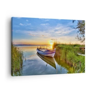 Quadro su tela - Stampe su Tela - Una barca in una baia tranquilla al tramonto - 70x50cm - L'insenatura dei sogni realizzati - Decorazione murale moderna per soggiorno e camera da letto ARTTOR