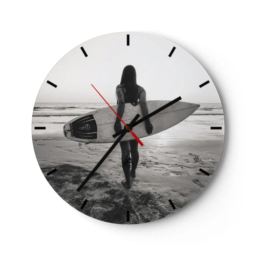 Orologio da parete - Orologio in Vetro - Astrazione minimalista con linee nere e un cerchio rosso. - 30x30cm - La figlia dell'onda marina - Decorazione murale moderna per soggiorno, cucina e camera da letto ARTTOR