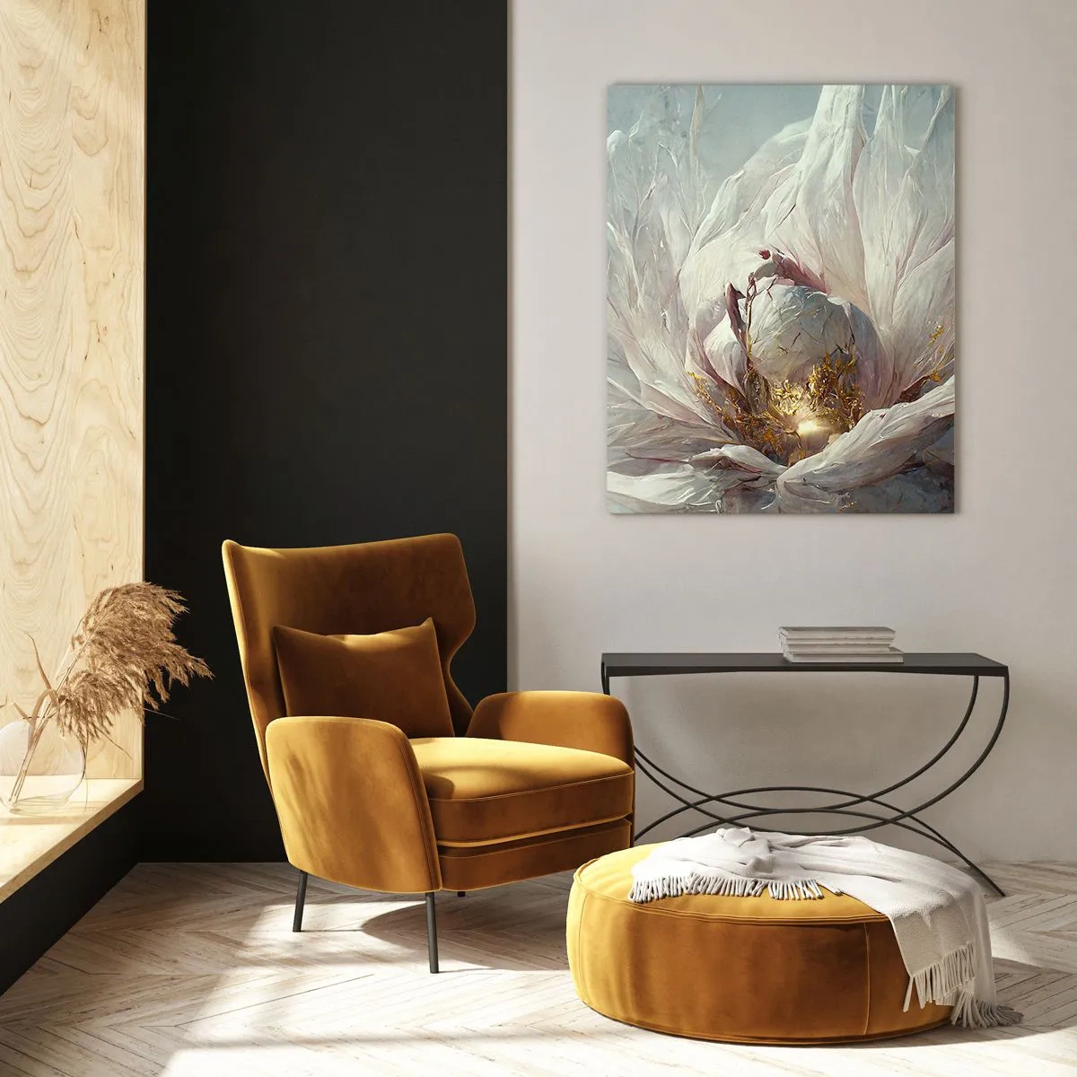 Quadro su vetro - Un fiore che sboccia in delicati toni grigi e oro - 50x70cm - Fiorisce ogni cento anni - Decorazione murale moderna per soggiorno e camera da letto ARTTOR