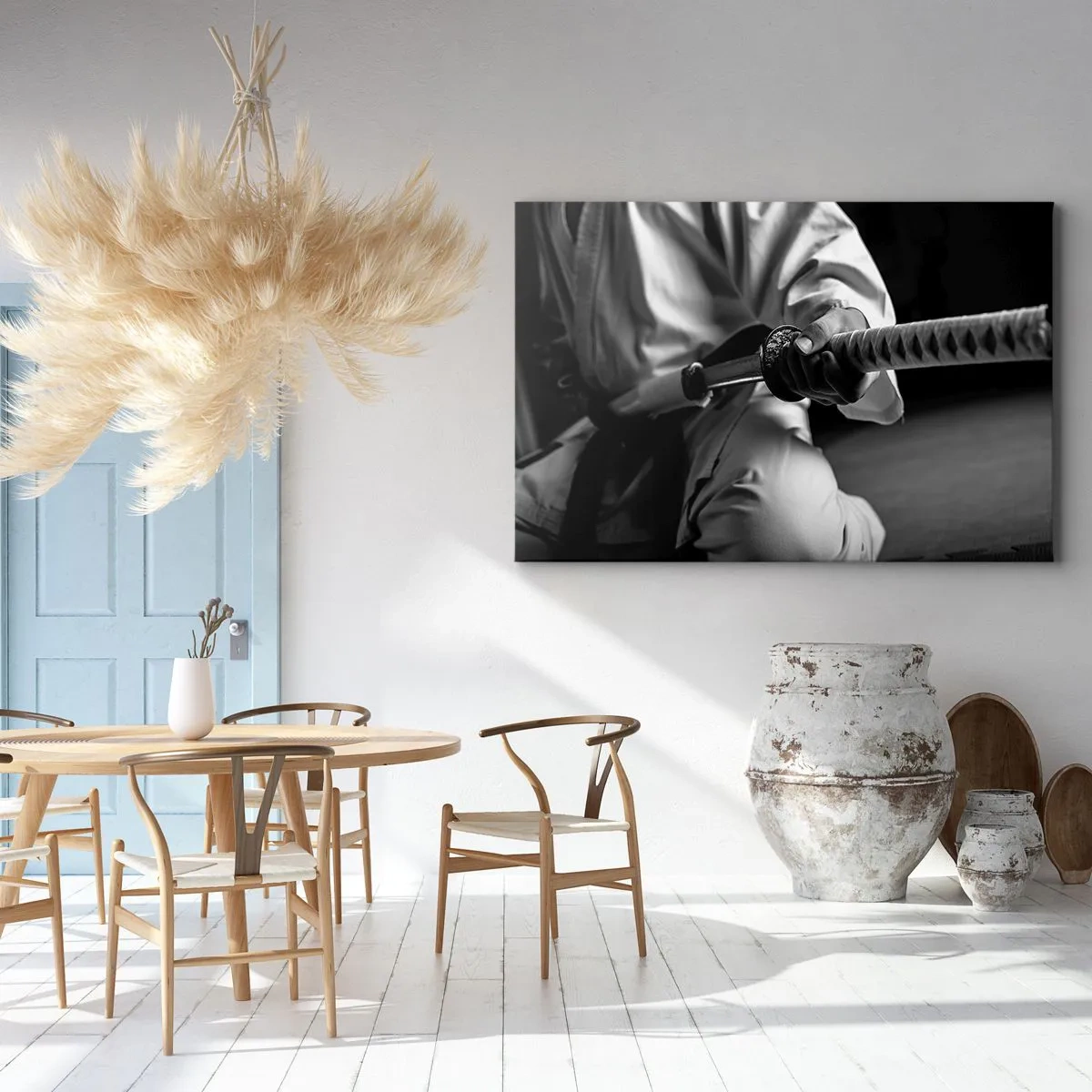 Quadro su tela - Stampe su Tela - Un samurai in kimono che impugna una katana in bianco e nero. - 120x80cm - L'anima del guerriero - Decorazione murale moderna per soggiorno e camera da letto ARTTOR