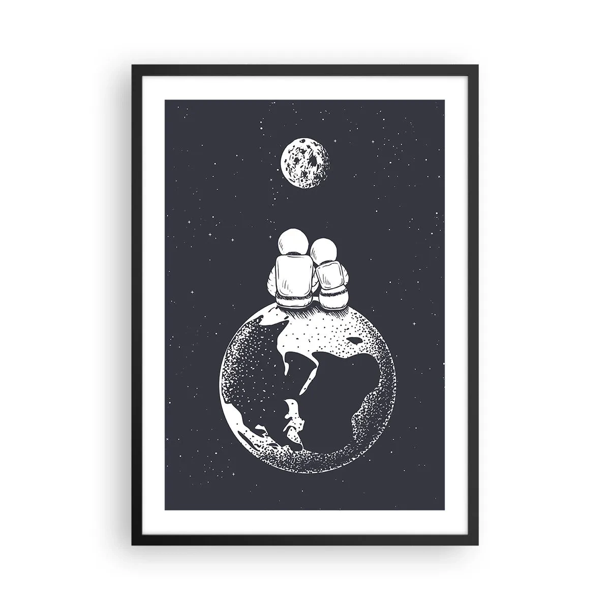 Poster in cornice nera - Astronauti seduti sulla Terra che guardano la Luna - 50x70cm - Love story cosmica - Decorazione murale moderna per soggiorno e camera da letto ARTTOR