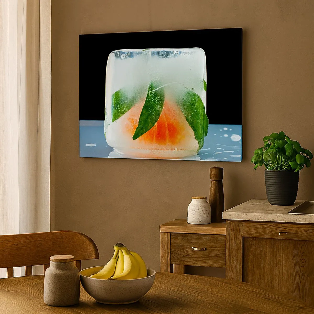 Quadro su tela - Stampe su Tela - Cubetto di ghiaccio con arancia e foglie - 70x50cm - Freschezza e rinfresco - Decorazione murale moderna per soggiorno e camera da letto ARTTOR