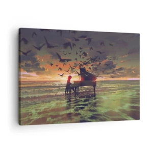 Quadro su tela - Stampe su Tela - Un pianoforte in riva al mare al tramonto con gli uccelli - 70x50cm - Concerto per pianoforte e onde - Decorazione murale moderna per soggiorno e camera da letto ARTTOR