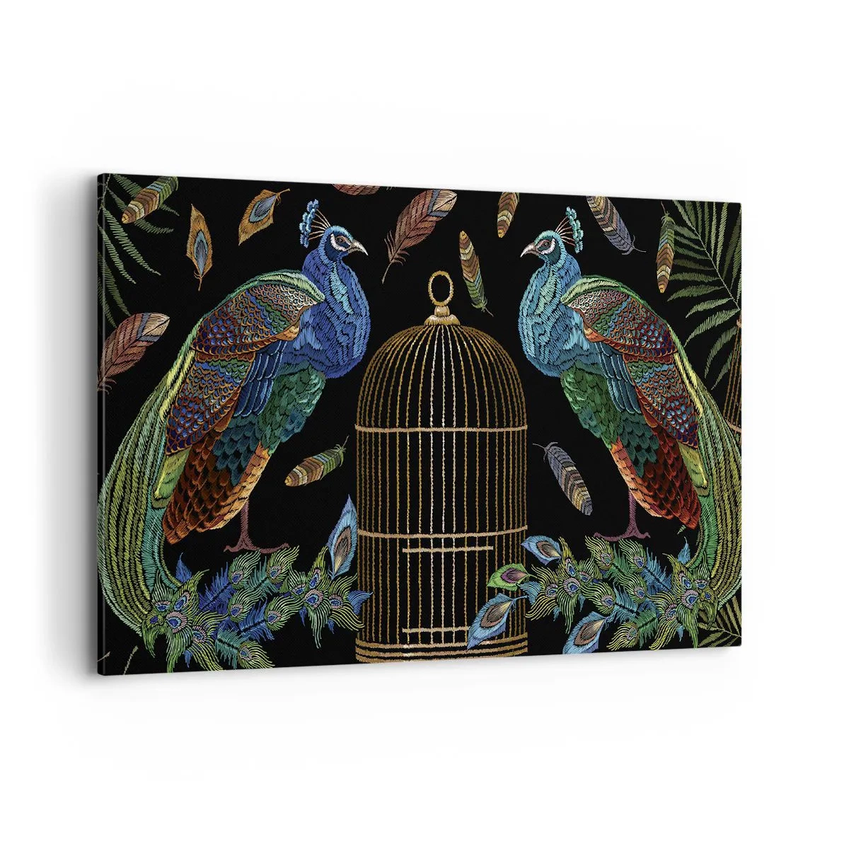 Quadro su tela - Stampe su Tela - Pavoni accanto a una gabbia dorata su sfondo nero - 100x70cm - Con gli abiti reali - Decorazione murale moderna per soggiorno e camera da letto ARTTOR