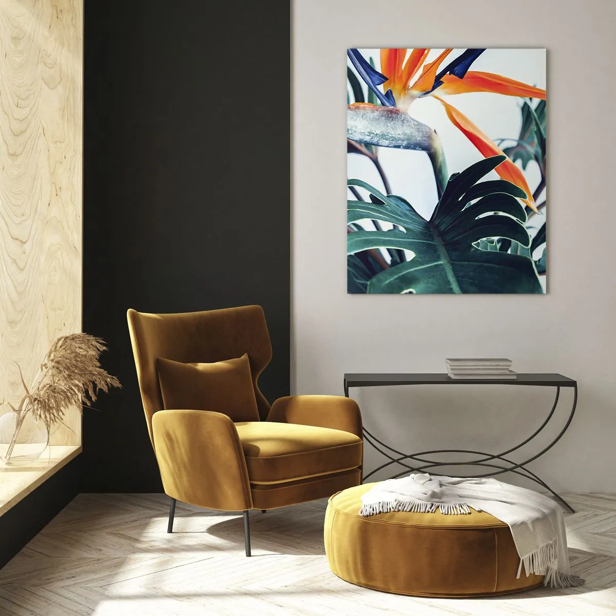 Quadro su vetro - Pianta esotica con fiore di uccello del paradiso - 50x70cm - Pianta uccello - Decorazione murale moderna per soggiorno e camera da letto ARTTOR