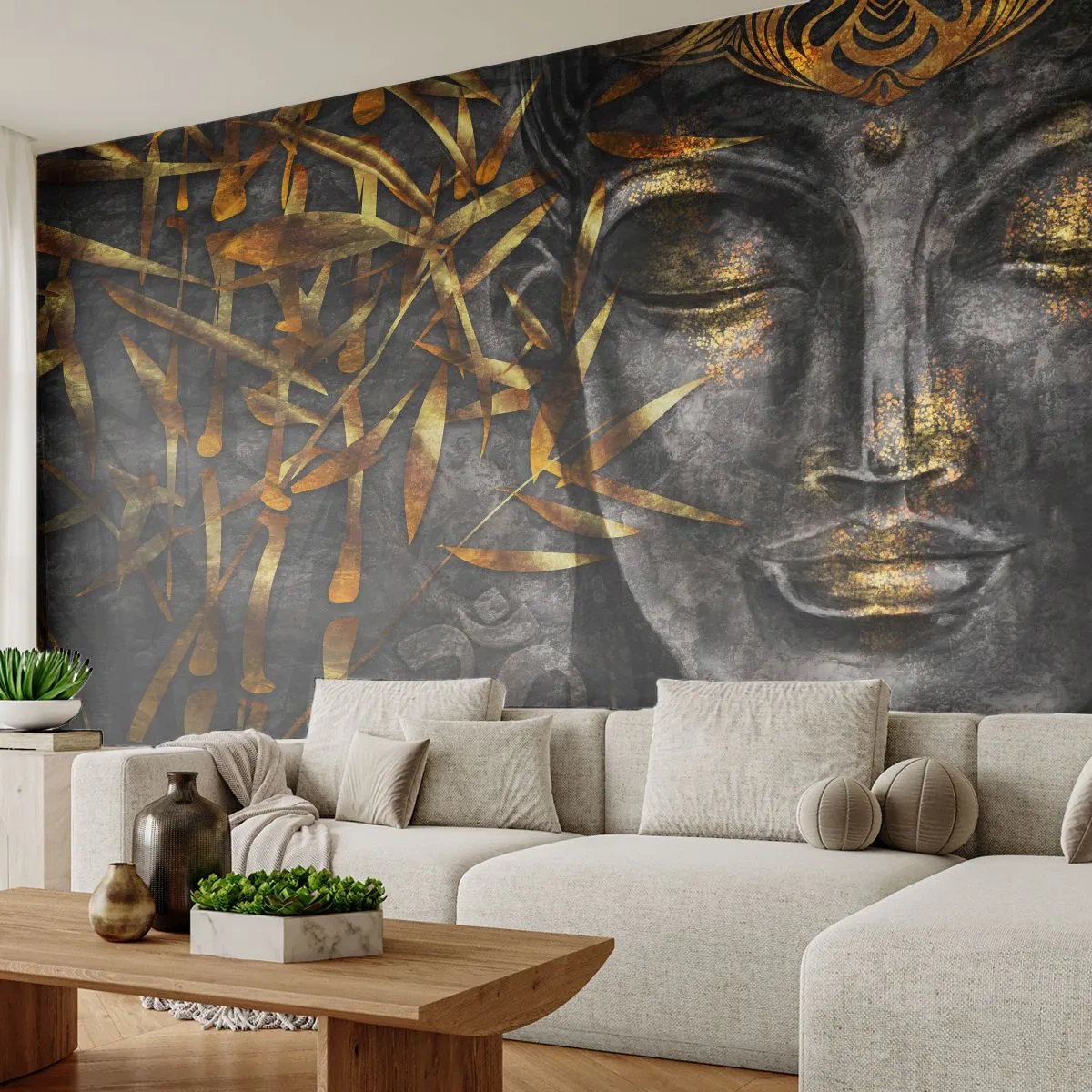 Fotomurali Standard Eco - Un'immagine dorata del Buddha su uno sfondo scuro con bambù - 100x70cm - Senti la pace - Decorazione murale moderna per soggiorno e camera da letto ARTTOR