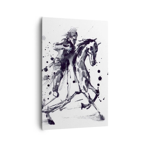 Quadro su tela - Stampe su Tela - Acquerello in bianco e nero di un cavaliere su un cavallo al galoppo - 80x120cm - Il cavaliere nero - Decorazione murale moderna per soggiorno e camera da letto ARTTOR