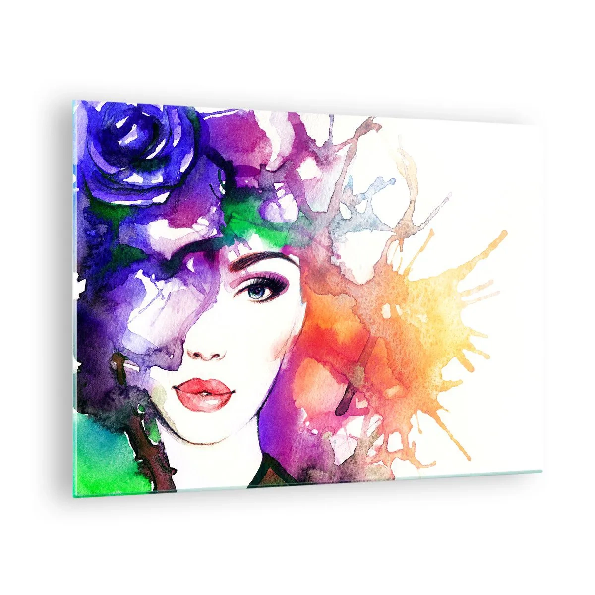 Quadro su vetro - Una donna con uno sfondo sfocato e colorato in stile acquerello - 70x50cm - Con la testa tra le nuvole - Decorazione murale moderna per soggiorno e camera da letto ARTTOR