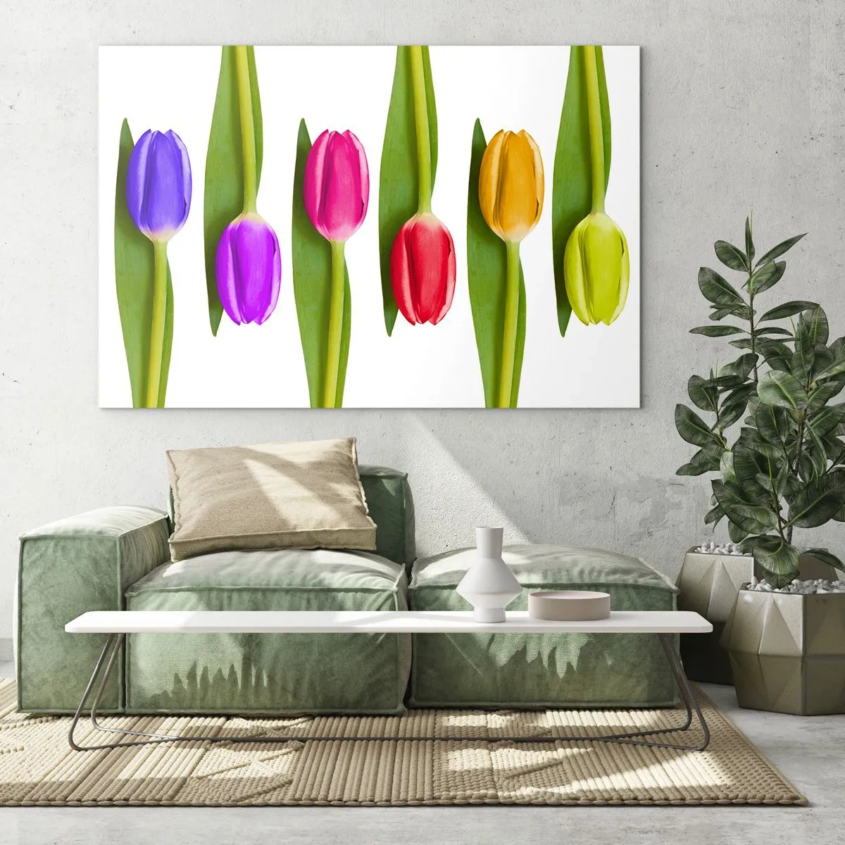 Quadro su vetro - Tulipani colorati disposti su uno sfondo bianco - 100x70cm - Composizione arcobaleno - Decorazione murale moderna per soggiorno e camera da letto ARTTOR
