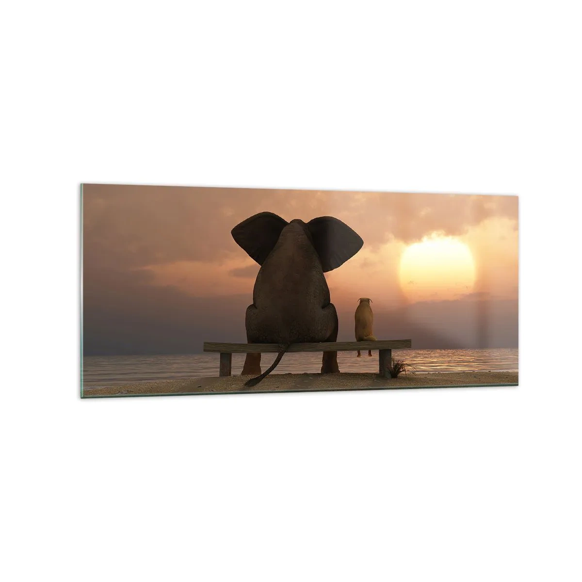 Quadro su vetro - Un elefante e un cane sono seduti su una panchina sulla spiaggia durante il tramonto. - 120x50cm - A volte bisogna tacere - Decorazione murale moderna per soggiorno e camera da letto ARTTOR