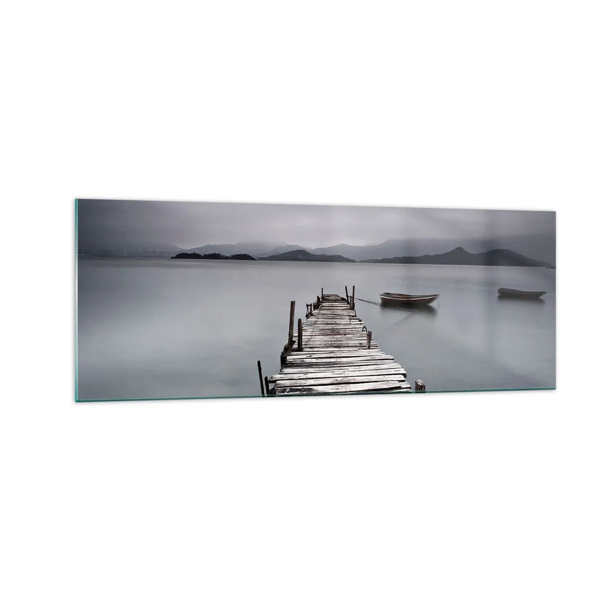 Quadro su vetro - Un ponte di legno che conduce alla superficie calma del lago - 140x50cm - Domani puoi partire - Decorazione murale moderna per soggiorno e camera da letto ARTTOR