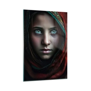 Quadro su vetro - Ritratto di donna dallo sguardo intenso dai colori caldi - 80x120cm - Principessa d'oriente - Decorazione murale moderna per soggiorno e camera da letto ARTTOR
