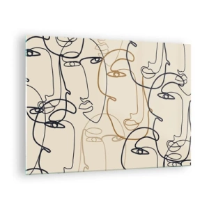 Quadro su vetro - Volti contornati disegnati con un solo tratto su beige - 70x50cm - Ritratto multiplo - Decorazione murale moderna per soggiorno e camera da letto ARTTOR