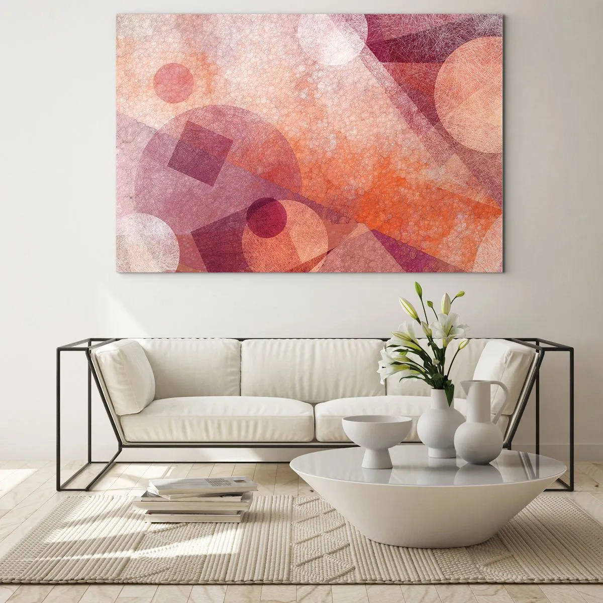 Quadro su vetro - Composizione geometrica astratta nei toni del rosa e dell'arancione - 100x70cm - Trasformazioni geometriche in rosa - Decorazione murale moderna per soggiorno e camera da letto ARTTOR