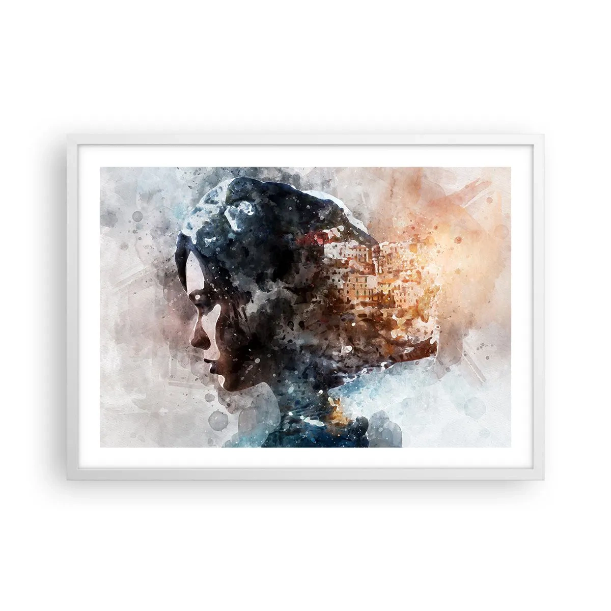 Poster in cornice bianca - Racconto su una ragazza con città sullo sfondo - 70x50 cm