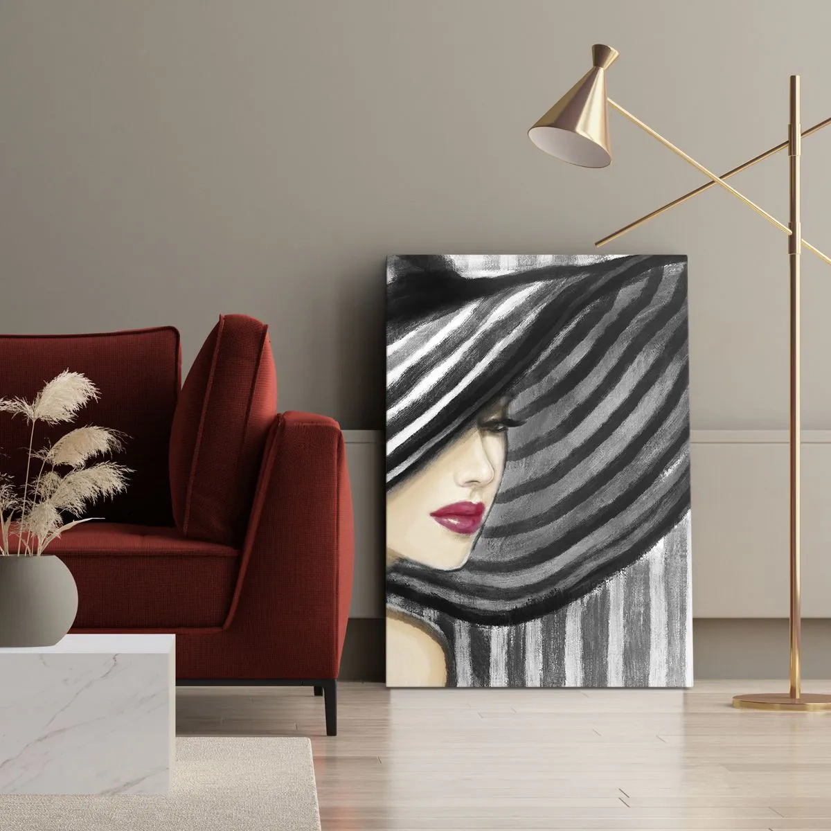 Quadro su tela - Stampe su Tela - Donna che indossa un cappello bianco e nero con un accento rosso - 50x70cm - Dove trovarti? - Decorazione murale moderna per soggiorno e camera da letto ARTTOR