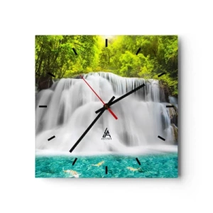 Orologio da parete - Orologio in Vetro - Una cascata in una foresta tropicale con acqua turchese - 30x30cm - Cascata spumeggiante dal verde all'azzurro - Decorazione murale moderna per soggiorno e camera da letto ARTTOR