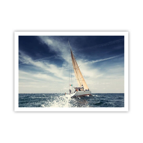 Poster - Una barca a vela su un mare in tempesta sotto un cielo azzurro - 100x70cm - Non ci raggiungeranno! - Decorazione murale moderna per soggiorno e camera da letto ARTTOR