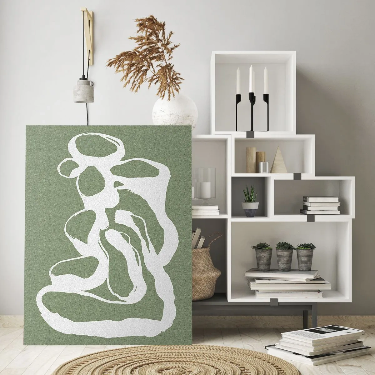 Quadro su vetro - Forma organica bianca astratta su sfondo oliva - 50x70cm - Il richiamo dello spazio - Decorazione murale moderna per soggiorno e camera da letto ARTTOR