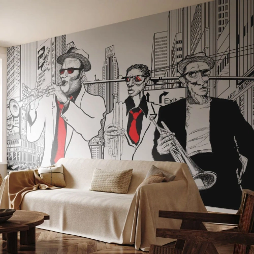 Fotomurali Premium Sand - Rapsodia cittadina in nero e rosso - New York, Jazz, Musica - 450x315 cm