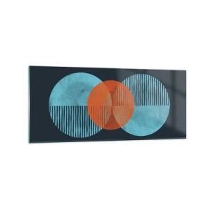 Quadro su vetro - Cerchi geometrici nei toni del blu e dell'arancione - 120x50cm - Composizione simmetrica - Decorazione murale moderna per soggiorno e camera da letto ARTTOR