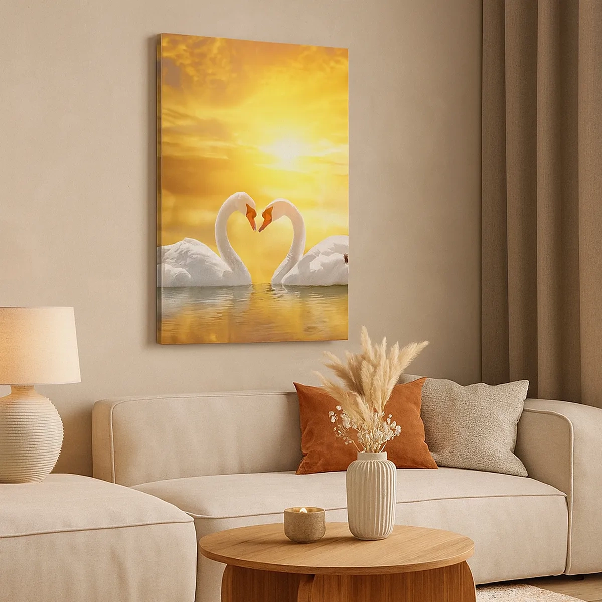 Quadro su tela - Stampe su Tela - Una scena romantica di due cigni che formano un cuore sullo sfondo di un tramonto dorato. - 50x70cm - Cuore è la più bella parola del mondo… - Decorazione murale moderna per soggiorno e camera da letto ARTTOR