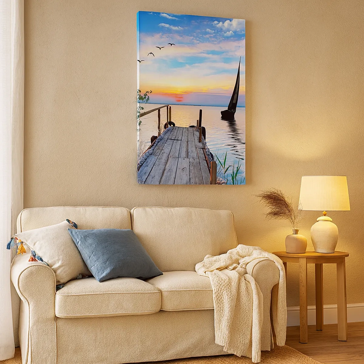 Quadro su tela - Stampe su Tela - Molo del lago con barca e tramonto - 50x70cm - Buona sera - Decorazione murale moderna per soggiorno e camera da letto ARTTOR