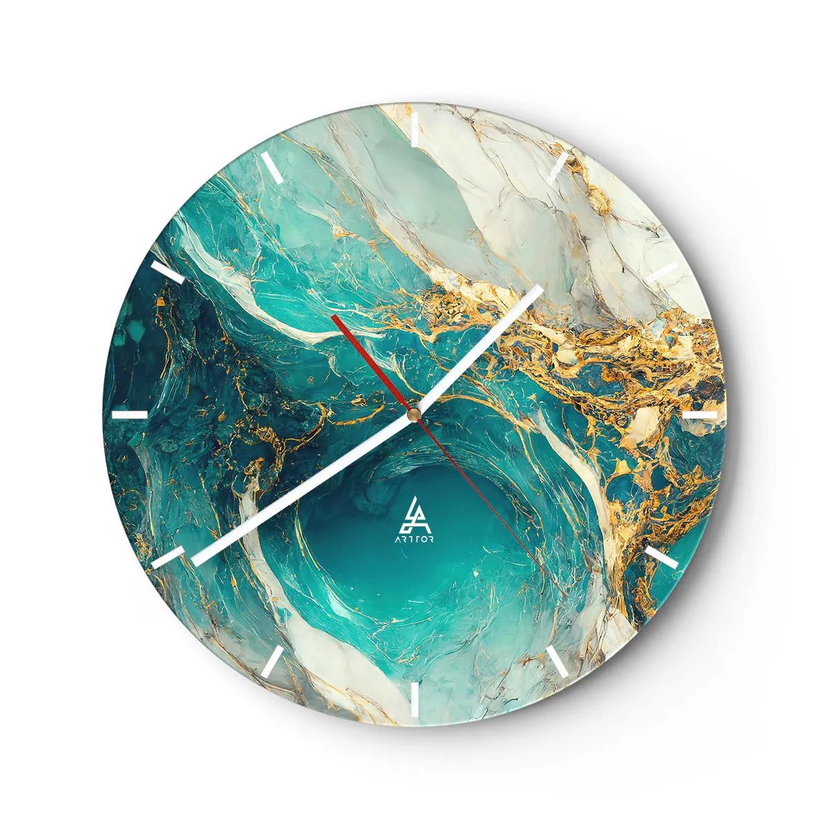 Orologio da parete - Orologio in Vetro - Astratto turchese con motivo a vortice dorato - 30x30cm - Composizione con vene d'oro - Decorazione murale moderna per soggiorno, cucina e camera da letto ARTTOR