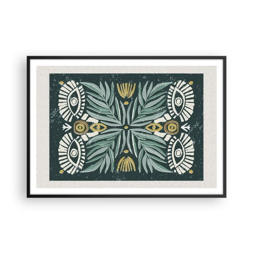 Poster in cornice nera - Motivo vegetale simmetrico su sfondo verde - 100x70cm - Geometrie di arte popolare - Decorazione murale moderna per soggiorno e camera da letto ARTTOR
