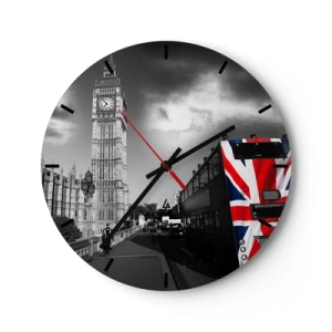 Orologio da parete - Orologio in Vetro - Il Big Ben e un autobus con il motivo della bandiera britannica - 30x30cm - Orgogliosa e grande - Decorazione murale moderna per soggiorno, cucina e camera da letto ARTTOR