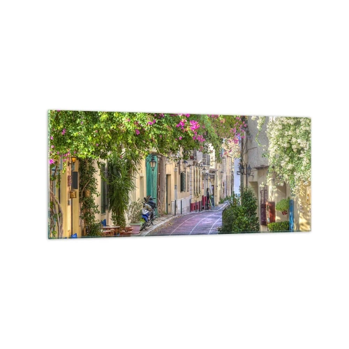 Quadro su vetro - Una strada affascinante con viti in fiore e tavolini da caffè - 120x50cm - Angolo fiorito - Decorazione murale moderna per soggiorno e camera da letto ARTTOR