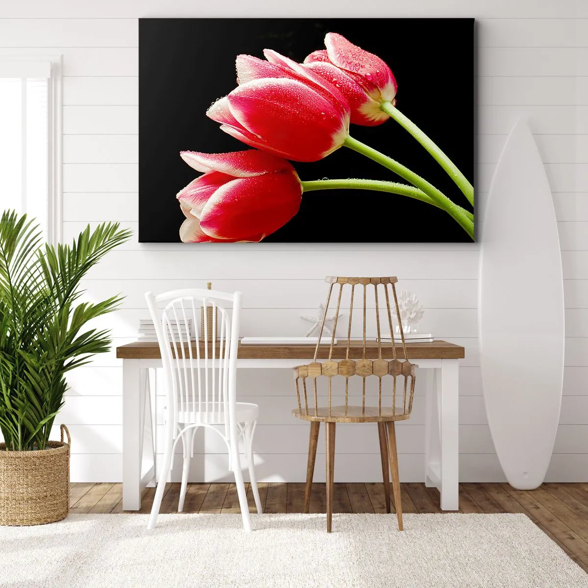 Quadro su tela - Stampe su Tela - Tulipani rossi con gocce di rugiada su sfondo nero - 120x80cm - Promessa di amore puro - Decorazione murale moderna per soggiorno e camera da letto ARTTOR