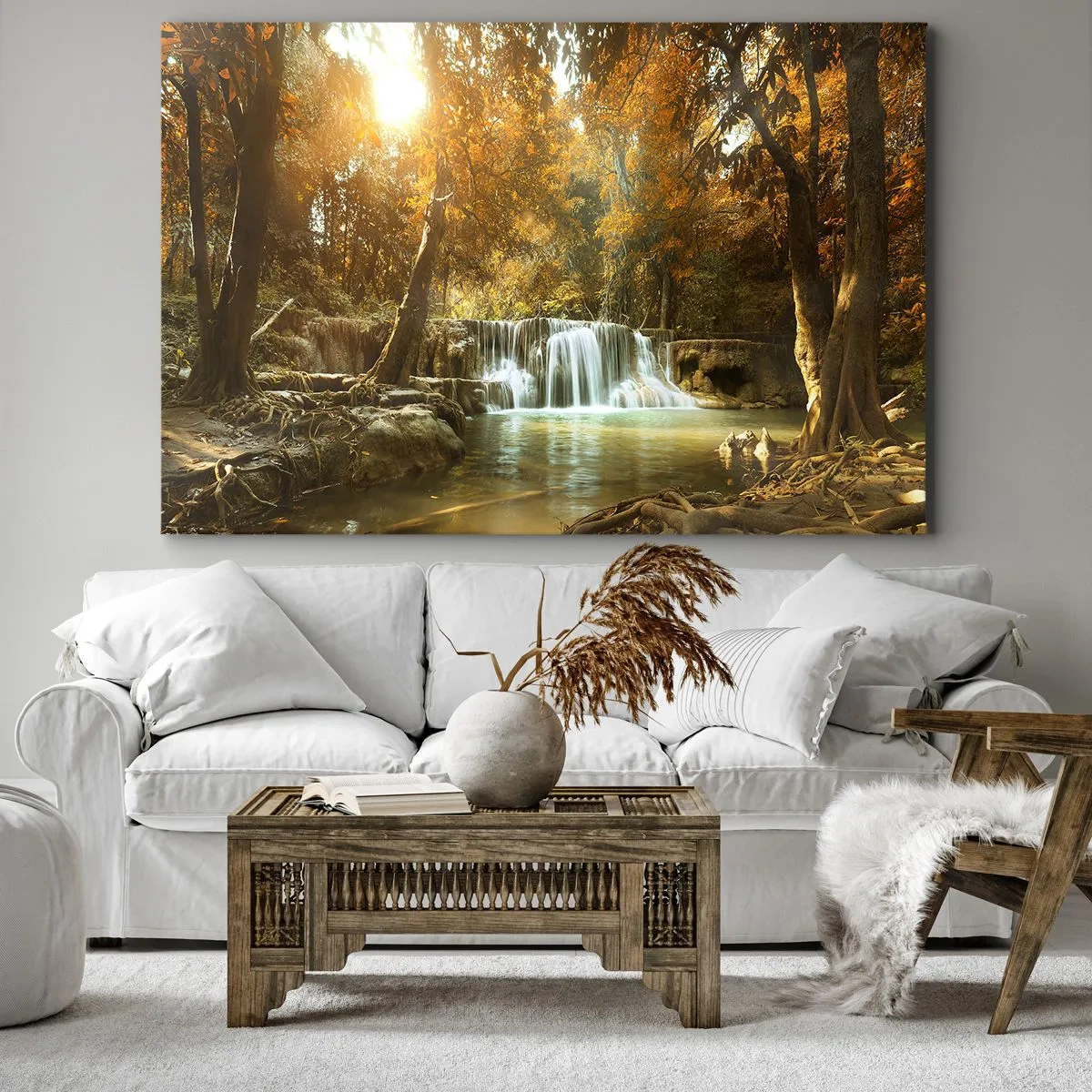 Quadro su tela - Stampe su Tela - Paesaggio autunnale con cascata - 100x70cm - Cascata nel parco - Decorazione murale moderna per soggiorno e camera da letto ARTTOR