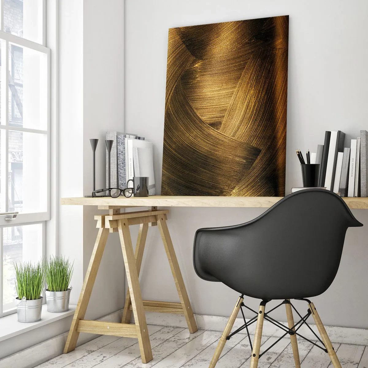 Quadro su vetro - Un dipinto astratto raffigurante linee geometriche dorate su uno sfondo - 50x70cm - Nel labirinto d'oro - Decorazione murale moderna per soggiorno e camera da letto ARTTOR