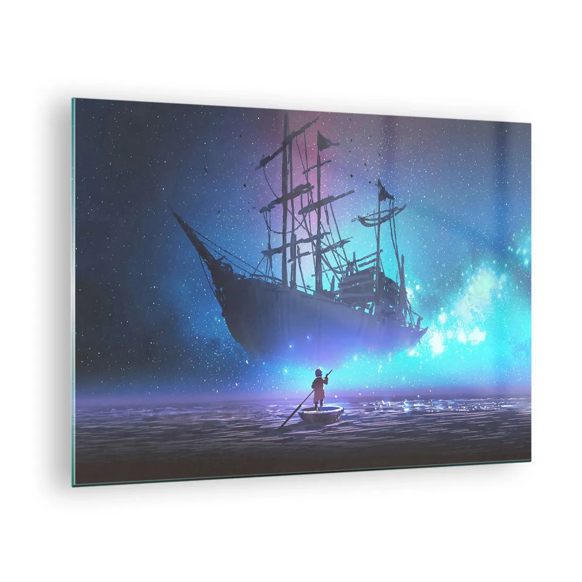 Quadro su vetro - Una nave notturna che galleggia sull'acqua in un'aura magica - 70x50cm - Incontro con il mito del mare - Decorazione murale moderna per soggiorno e camera da letto ARTTOR