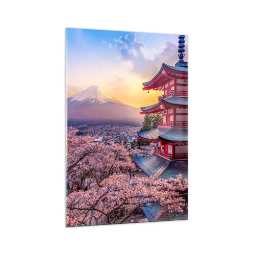 Quadro su vetro - Una pagoda in Giappone con fiori di ciliegio e il Monte Fuji - 70x100cm - L'essenza dell'anima giapponese - Decorazione murale moderna per soggiorno e camera da letto ARTTOR