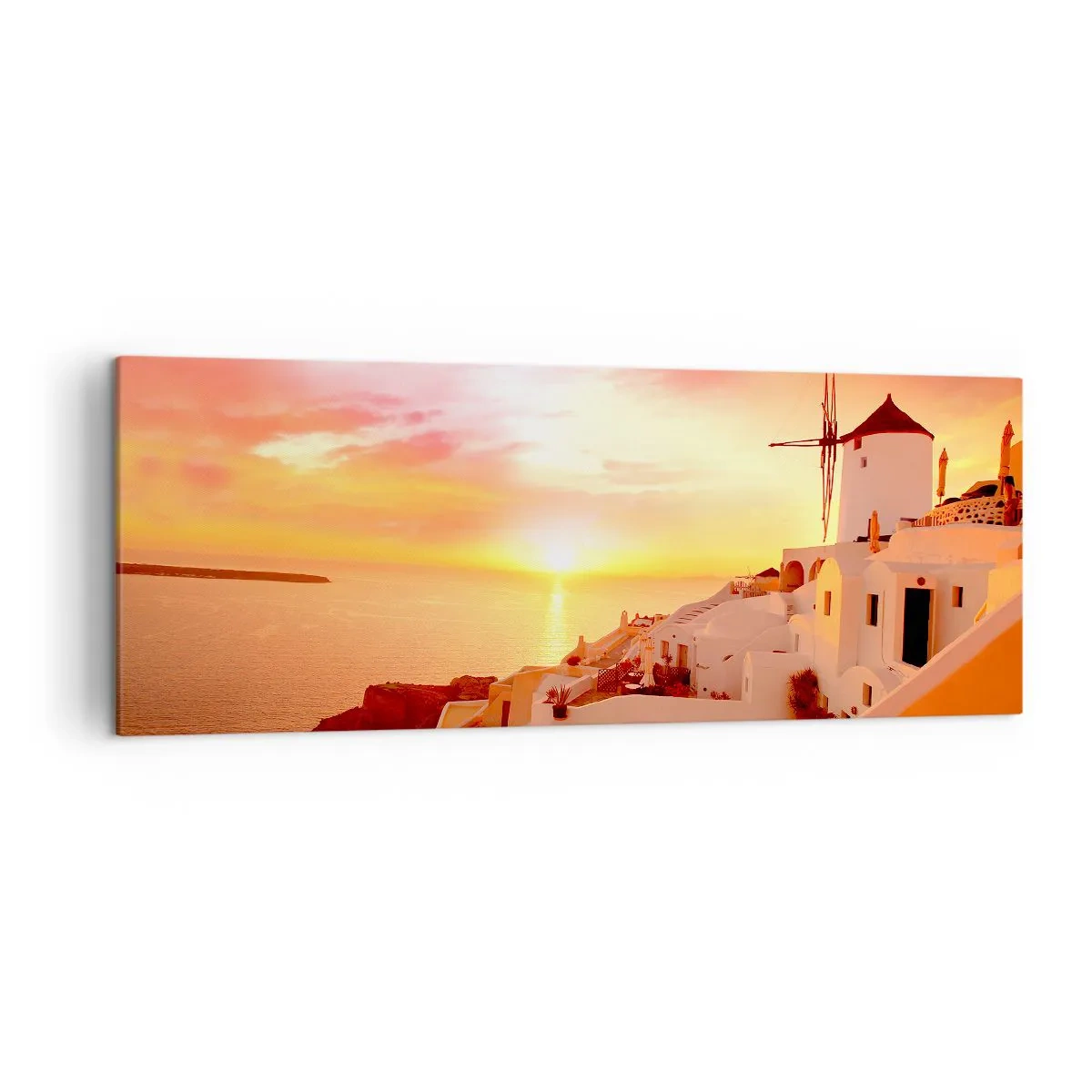 Quadro su tela - Stampe su Tela - Santorini al tramonto con un mulino a vento - 140x50cm - Sciogliersi nel bianco e nell'oro - Decorazione murale moderna per soggiorno e camera da letto ARTTOR