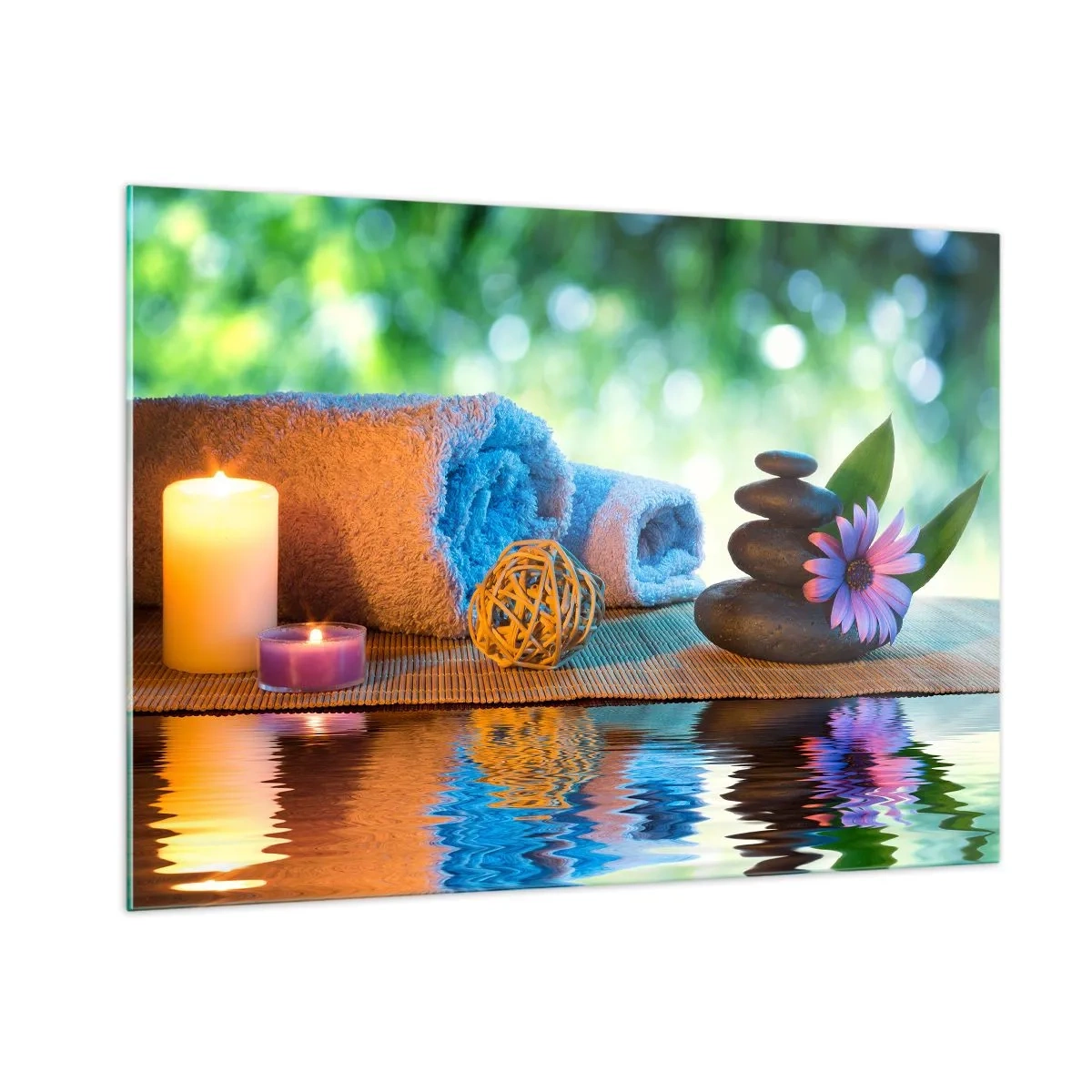 Quadro su vetro - Spa con asciugamani, candele e pietre sullo sfondo naturale - 100x70cm - Tempo per il corpo - Decorazione murale moderna per soggiorno e camera da letto ARTTOR