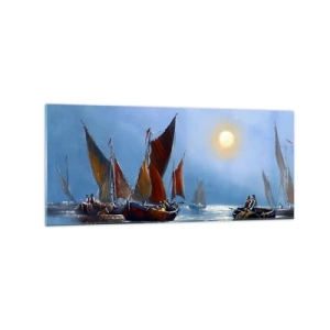 Quadro su vetro - Barche con le vele su acque calme al tramonto - 120x50cm - Pesca notturna - Decorazione murale moderna per soggiorno e camera da letto ARTTOR