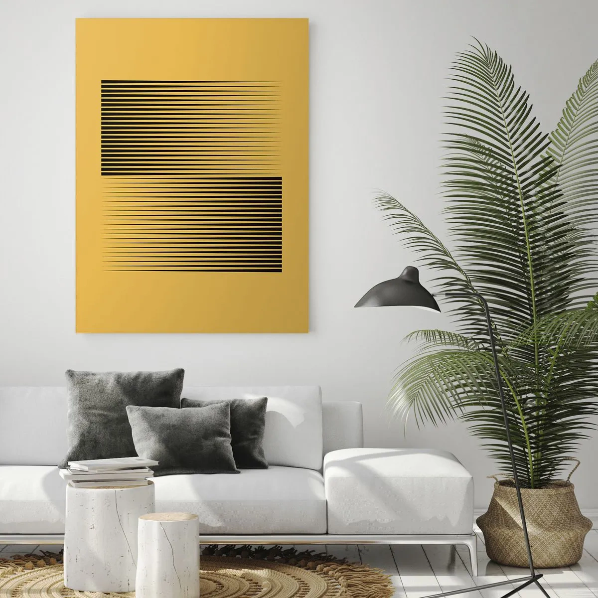 Quadro su vetro - Linee nere verticali su sfondo giallo - 70x100cm - La quadratura degli opposti - Decorazione murale moderna per soggiorno e camera da letto ARTTOR