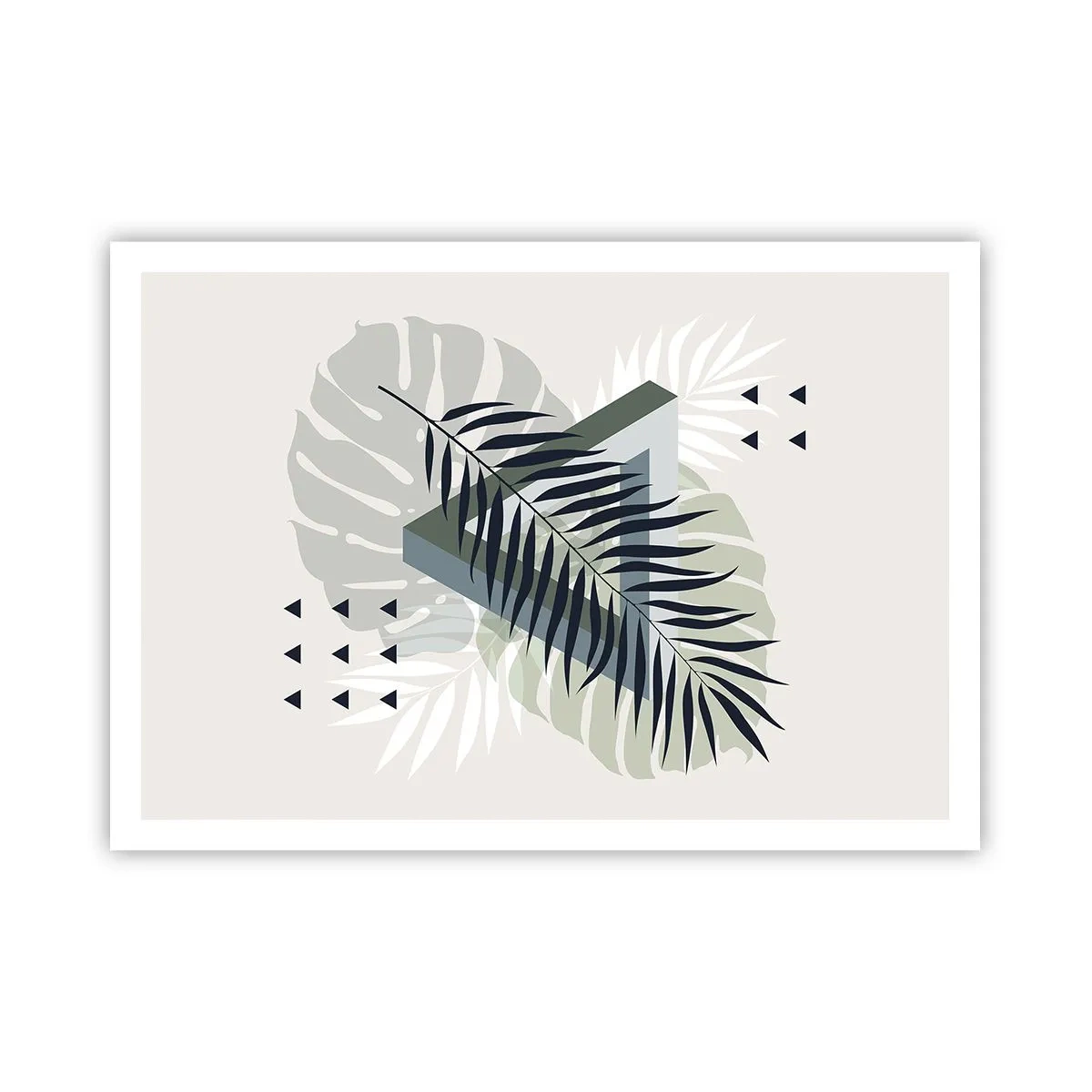 Poster - Composizione geometrica con foglie tropicali nei toni del verde - 100x70cm - Natura e geometria: due ordini? - Decorazione murale moderna per soggiorno e camera da letto ARTTOR