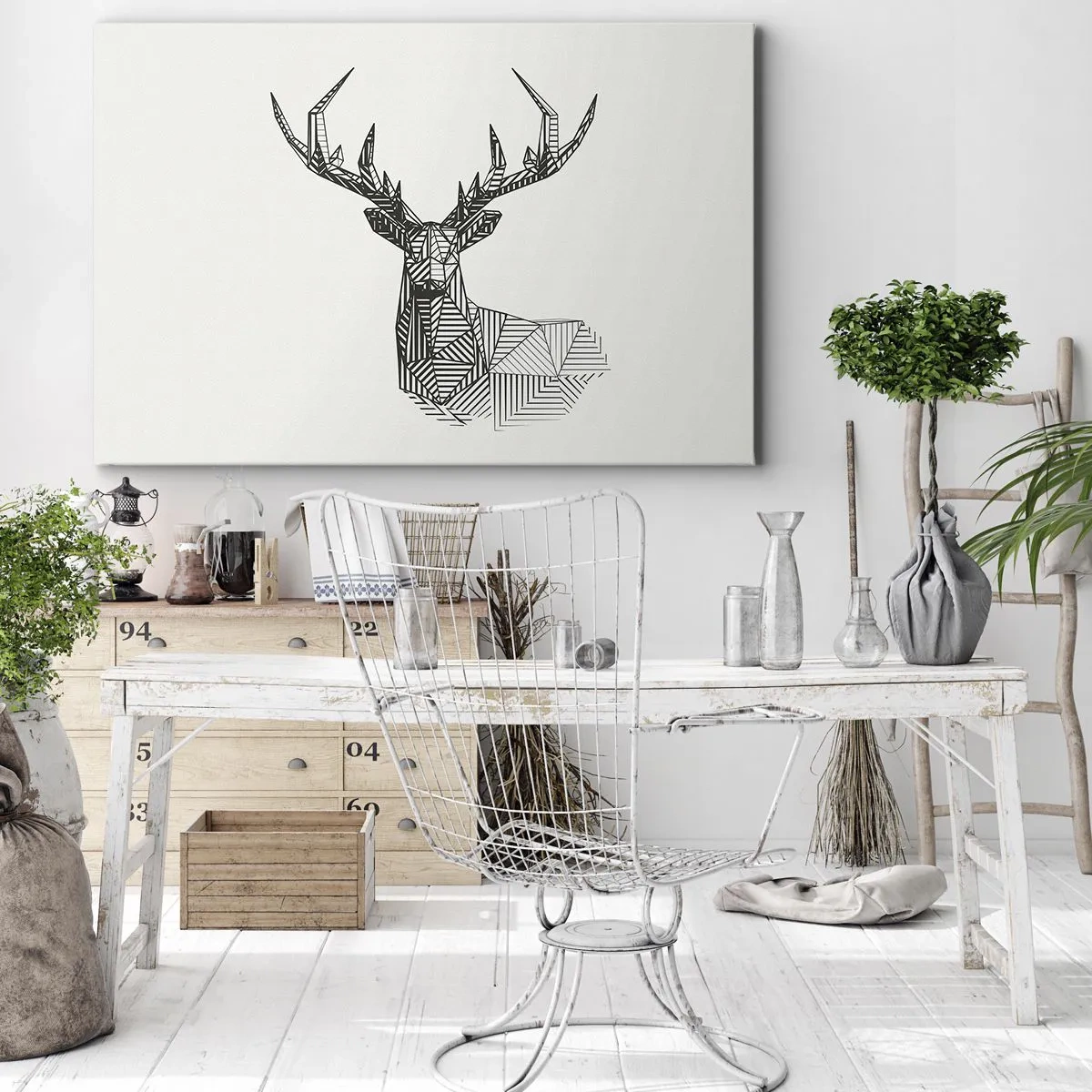 Quadro su tela - Stampe su Tela - Immagine geometrica di un cervo in stile minimalista in bianco e nero - 70x50cm - Cervo in stile cubista - Decorazione murale moderna per soggiorno e camera da letto ARTTOR