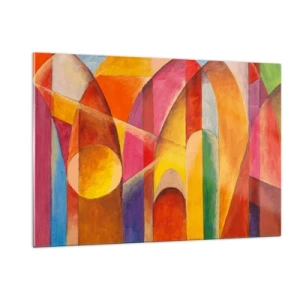 Quadro su vetro - Astrazione colorata con forme geometriche - 120x80cm - La cattedrale del sole - Decorazione murale moderna per soggiorno e camera da letto ARTTOR