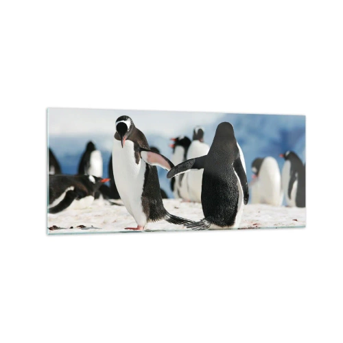 Quadro su vetro - Un gruppo di pinguini nella neve in un paesaggio antartico - 120x50cm - Danza sulla neve - Decorazione murale moderna per soggiorno e camera da letto ARTTOR