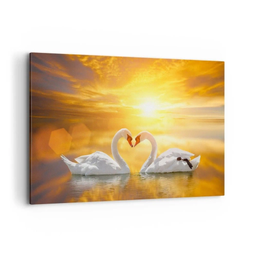 Quadro su tela - Stampe su Tela - Una scena romantica di due cigni che formano un cuore sullo sfondo di un tramonto dorato. - 120x80cm - Cuore è la più bella parola del mondo… - Decorazione murale moderna per soggiorno e camera da letto ARTTOR