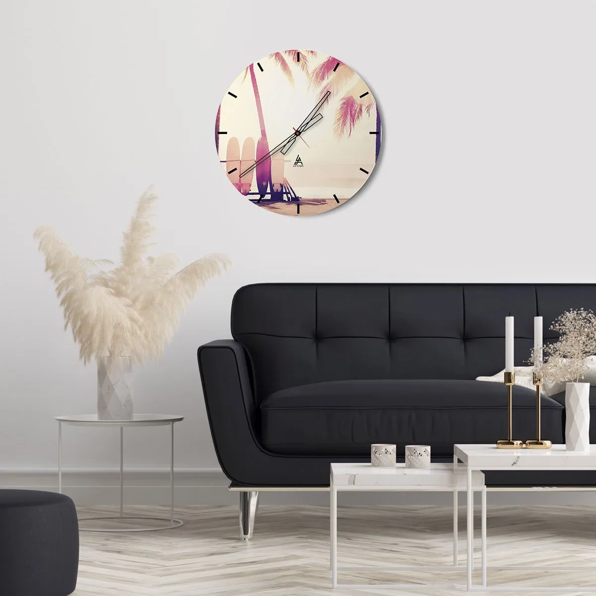 Orologio da parete - Orologio in Vetro - Tavole da surf e palme sulla spiaggia all'alba - 30x30cm - Sarà un giorno fantastico - Decorazione murale moderna per soggiorno, cucina e camera da letto ARTTOR
