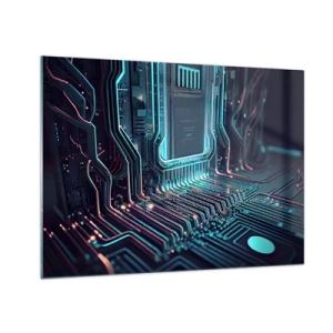 Quadro su vetro - Visualizzazione al neon delle tracce del processore su uno sfondo nero - 70x50cm - Sto pensando qualcosa... - Decorazione murale moderna per soggiorno e camera da letto ARTTOR