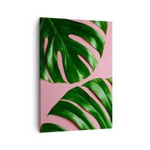 Quadro su tela - Stampe su Tela - Foglie di monstera verdi su sfondo rosa - 50x70cm - Appuntamento in verde - Decorazione murale moderna per soggiorno e camera da letto ARTTOR