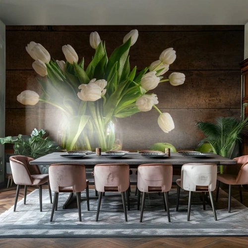 Fotomurali Premium Canvas - Freschezza in verde e bianco - Fiori, Tulipani, Mazzo di fiori - 450x315 cm